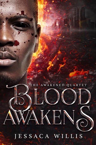 Cover reveal post for Blood Awakens - young dark skinned man with blood on his face in front of an inferno