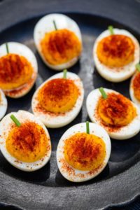 Friday Finds October 18, 2019 Deviled eggs with the yolk decorated like pumpkins with a stem