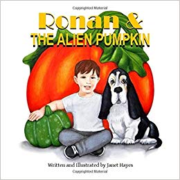 Review: Ronan and the Alien Pumpkin by Janet Hayes Book Cover - boy & his dog sitting in front of a giant pumpkin