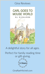 Review: Carl Goes to Mouse World by RJ Richards Book Cover - A Disneyesque castle with a dog, cats, and various animals in front