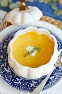 Gina's Friday Finds 11/8/19 Roasted Butternut Squash soup in a white bowl on a ble plate