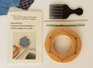 Pin Loom Weaving to Go by Margaret Stump | Book Review | a turtle hexagon pin loom set