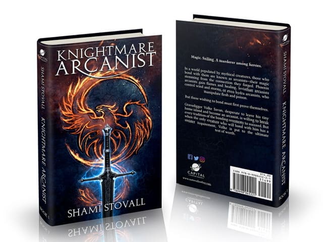 Front & back cover of Knightmare Arcanist by Shami Stovall with a link to Amazon