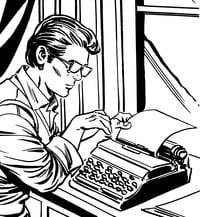 Chevron Ross Author Profile image - B&W Line drawing man at a typewriter
