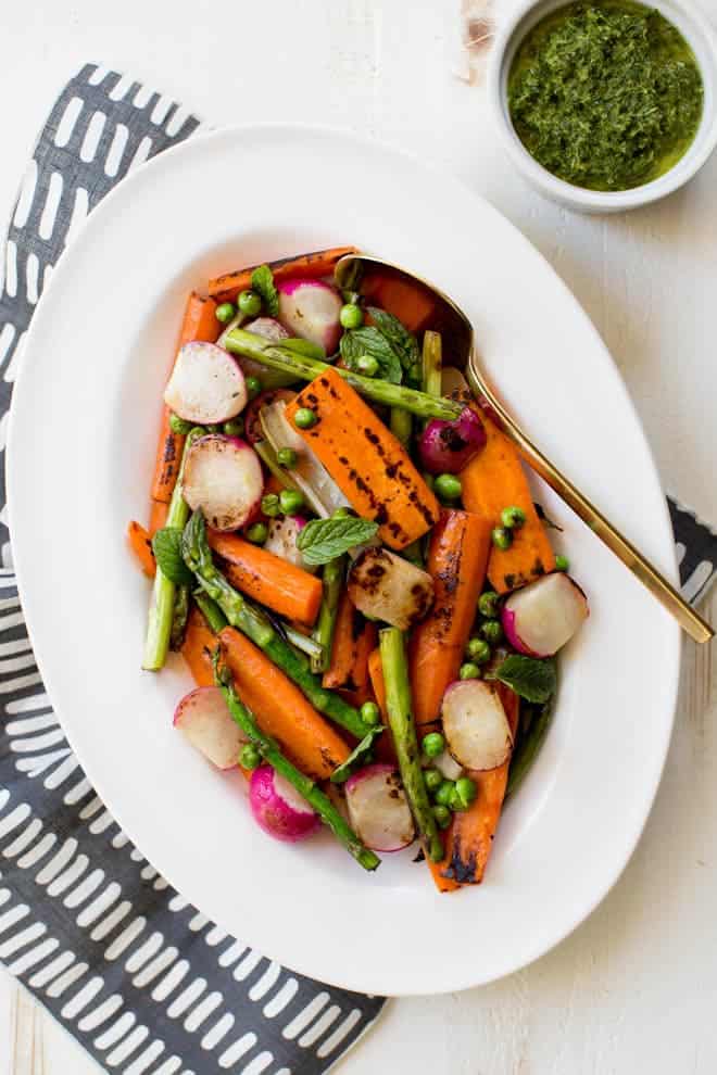 Charred Spring Vegetables with Herbed Carrot-Top Dressing from Spoonful of Flavor
