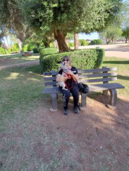 Author Gail Koger sitting on a park bench holding a small white dog on a leash. Outdoor setting with trees, grass, and sunlight in the background.