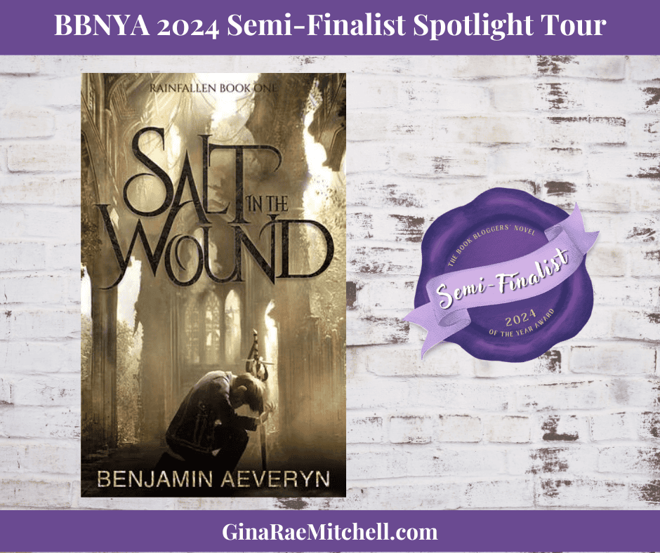 Salt in the Wound book cover against white brick wall. - Benjamin Aeveryn, Horror, Science Fiction, Rainfallen series, BBNYA banner