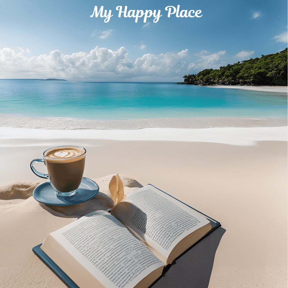 Fast and Fun Friday Finds | 11-22-2024 | Books ~ Crafts ~ Holiday Recipes ~ Indie Authors ~ Contest 14 my Happy Place sandy beach, coffee, blue water, book