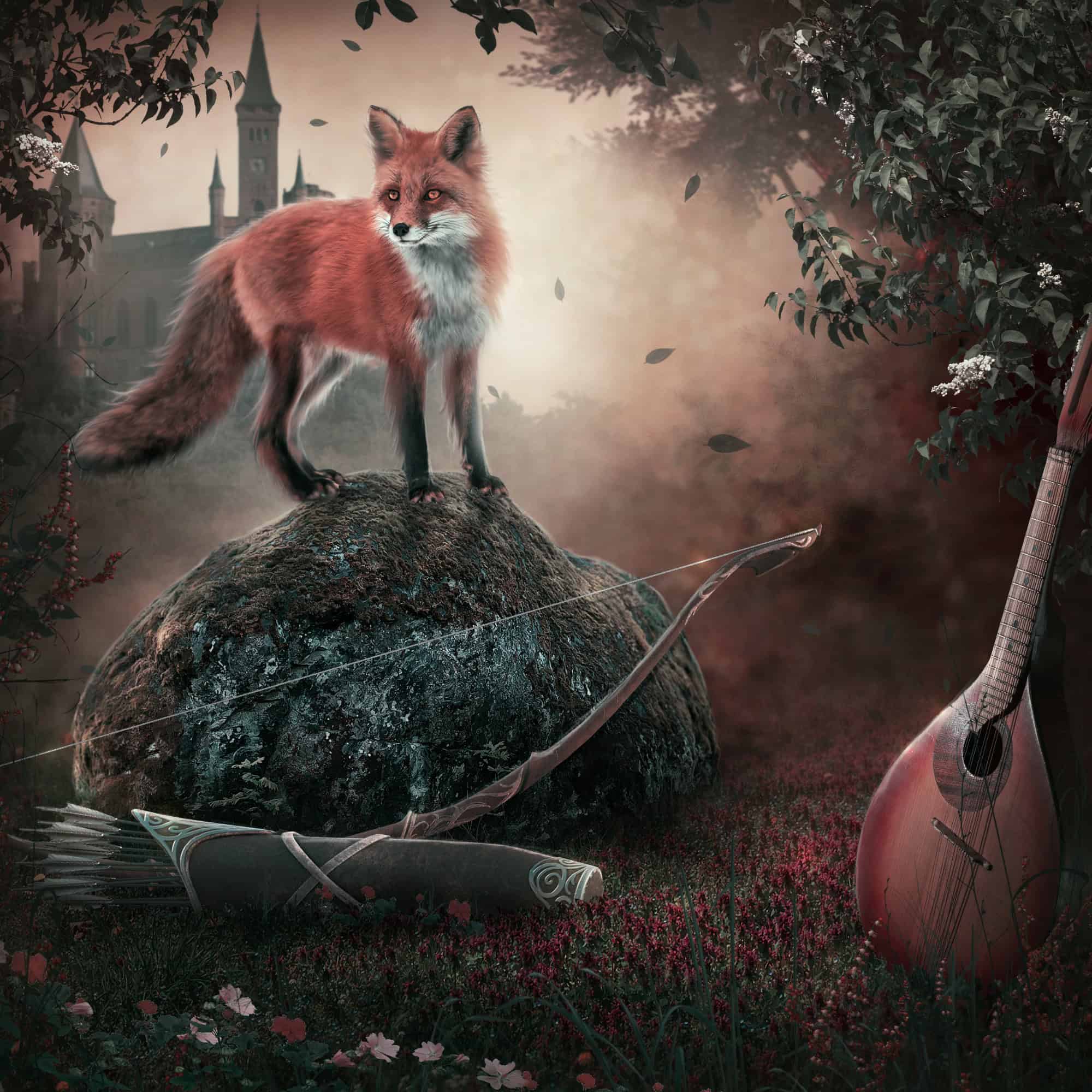 A Fable of Wood Fox on Rock with bow A Fable of Wood and String Book cover & blog graphic L. T. getty, Young Adult, High Fantasy