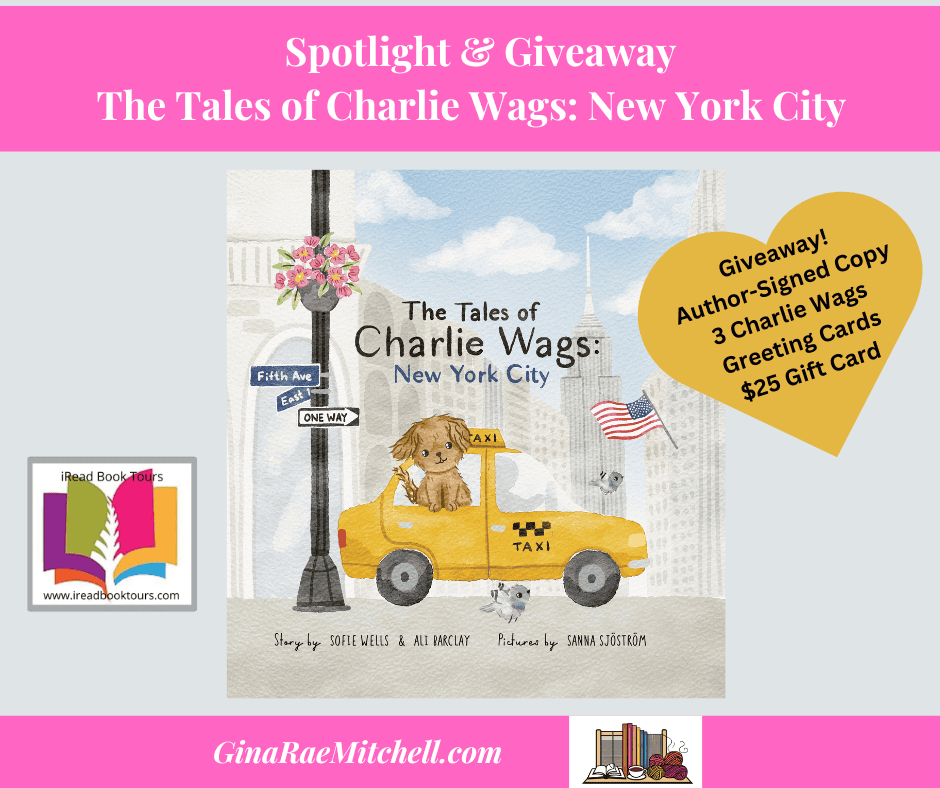 Charlie Wags NYC Blog graphic BANNER Children's Picture Book Cover Yellow taxi, with brown pup & NYC skyline Friday Finds 01-10-2025 