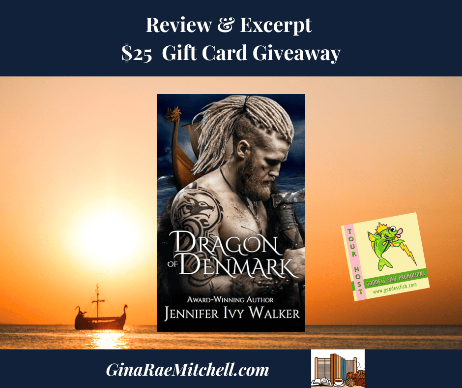 Dragon of Denmark PIN Blog Graphic #Denmark #ValiantVikings #JenniferIvyWalker Viking ship on the water at sunset with book cover in the foreground