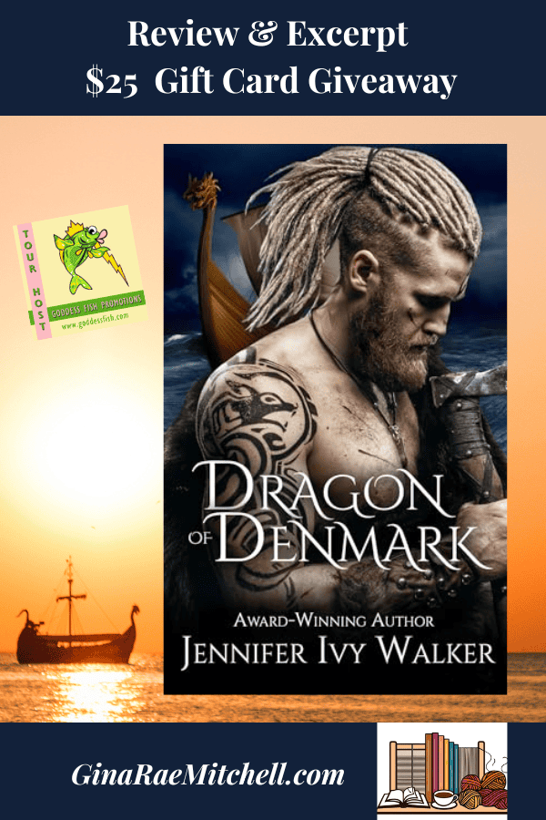 Dragon of Denmark PIN Blog Graphic #Denmark #ValiantVikings #JenniferIvyWalker Viking ship on the water at sunset with book cover in the forground