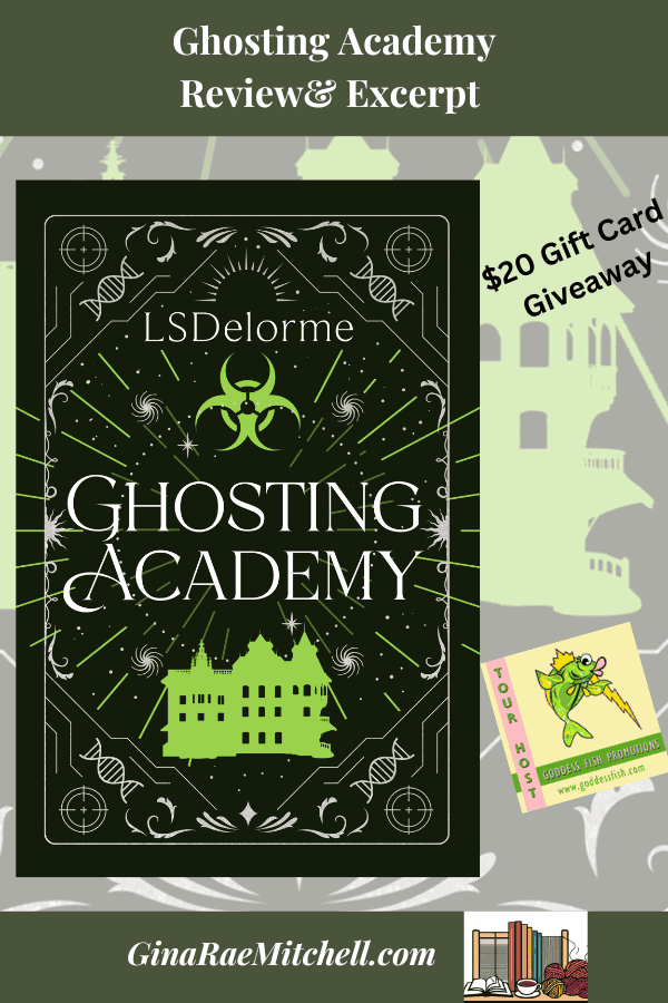 Ghosting Academy PIN Book cover Black, neon green castle, symbols in white