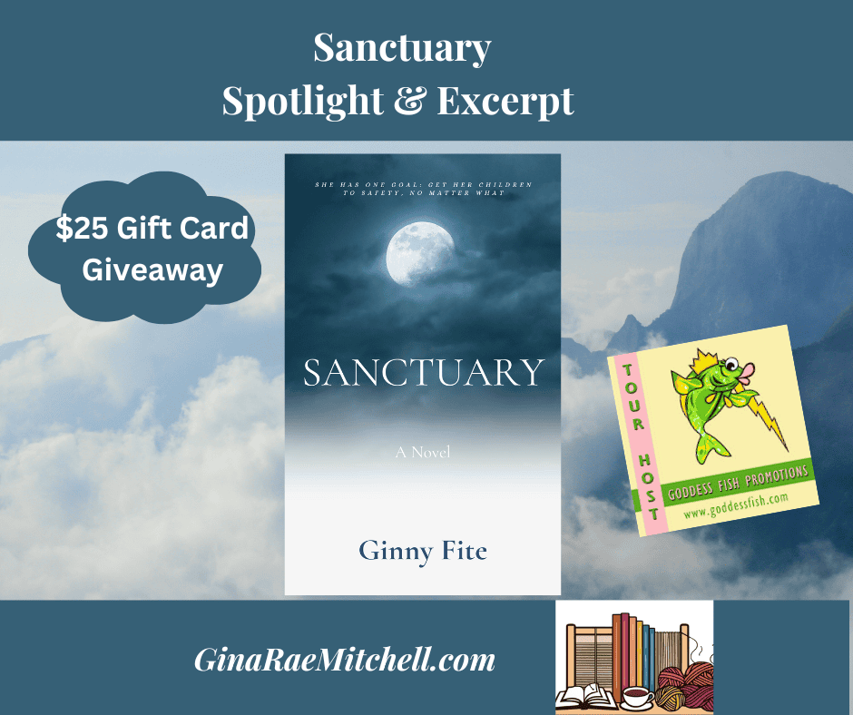 Sanctuary PIN Book cover with white moon on dark clouds Dystopian Speculative Fiction by Ginny Fite