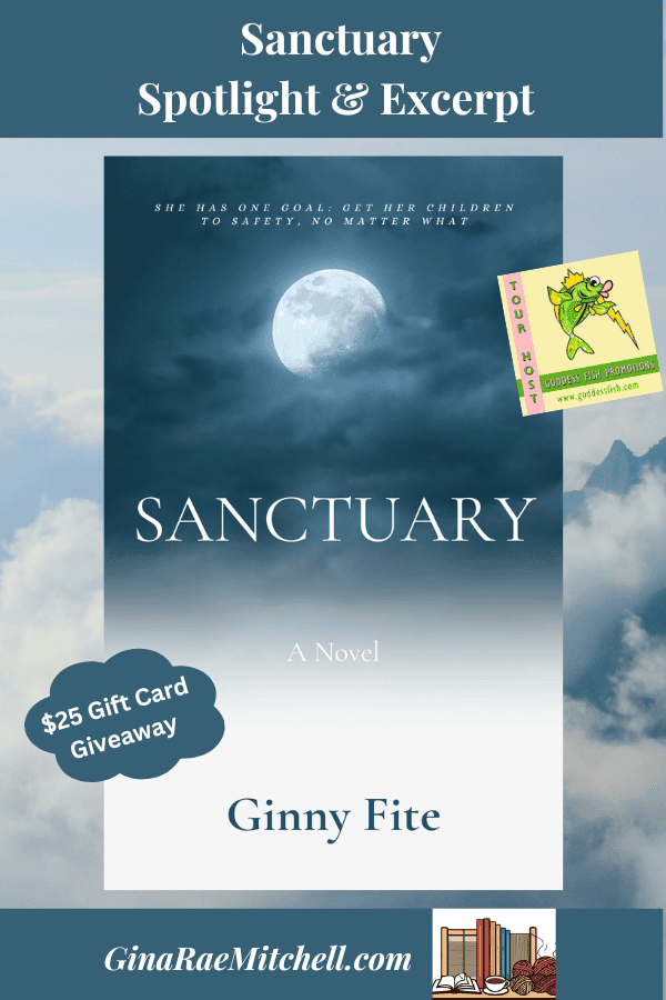 Sanctuary PIN Book cover with white moon on dark clouds Dystopian Speculative Fiction by Ginny Fite
