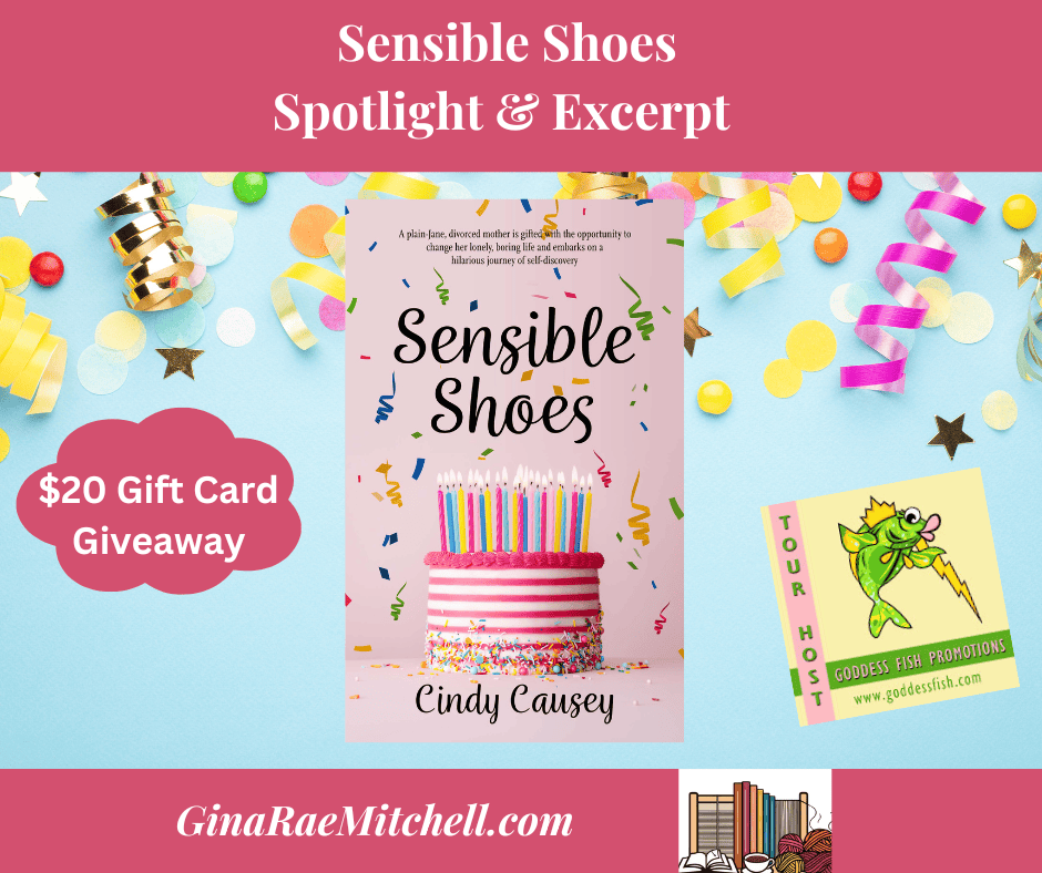 Sensible Shoes PIN Pale Pink Book Cover with confetti & cake blog graphic, women's Fiction by Cindy Causey