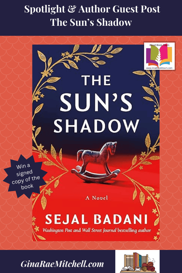 The Sun's Shadow PIN Red, Blue & Gold Book Cover on red & blue blog graphic