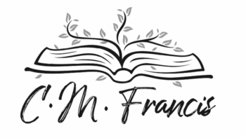 Author logo for C.M. Francis featuring a line drawing of an open book with a tree growing from its pages, symbolizing growth through storytelling. Includes the stylized initials “CMF.”