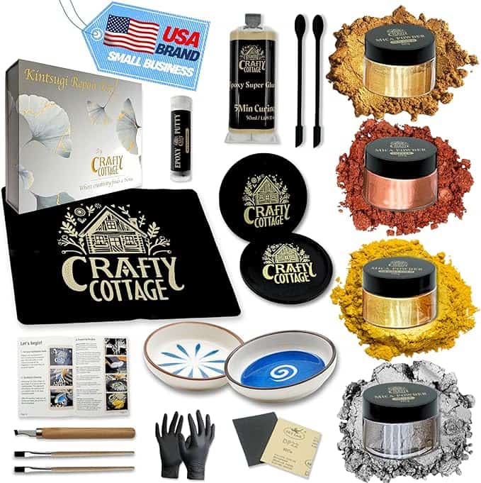 Kintsugi Repair Kit with silver, gold, brass, copper, bonding powders in an all-inclusive box of essentials