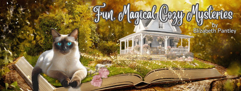 Puzzles and Premieres by Elizabeth Pantley – A Magical Mystery Worth Piecing Together! 8 Elizabeth Pantley banner for Magical Mysteries lovely garden cottage with a cat and open book