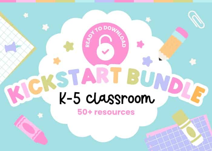 Promo graphic in pastel colors for K-5 classroom bundle by Jessica Adams, promoting 50+ free educational resources