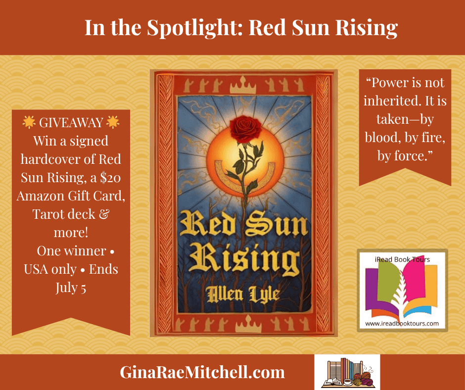 Rectangle blog graphic for Red Sun Rising by Allen Lyle, a dystopian fantasy novel. Features the book cover, a pull quote, and giveaway promo highlighting a signed copy, tarot deck, and $20 Amazon gift card. Perfect for fans of fantasy books with political intrigue.