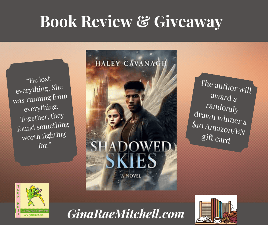 Book cover of Shadowed Skies by Haley Cavanagh, featuring a winged YA protagonist in a dystopian setting. A powerful tale of survival, rebellion, and unexpected love. set on ginaraemitchell branding