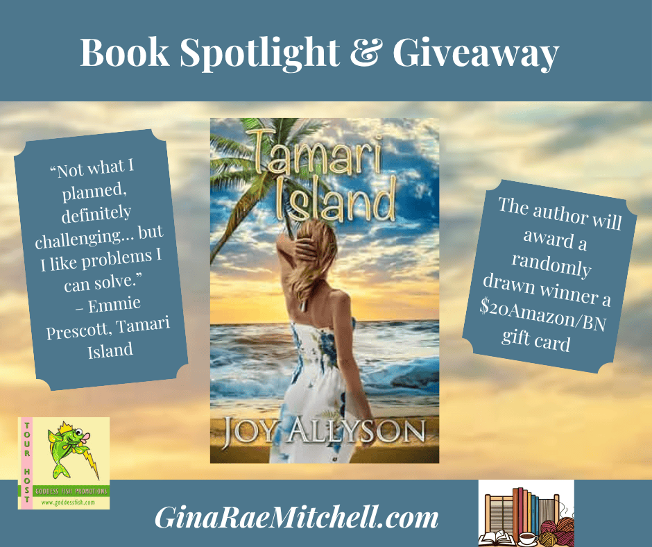 Book cover of Tamari Island by Joy Allyson, featuring a woman in a dress standing on a tropical beach with waves crashing in the background—evoking a historical romance set in an island paradise. Set on my blog graphic
