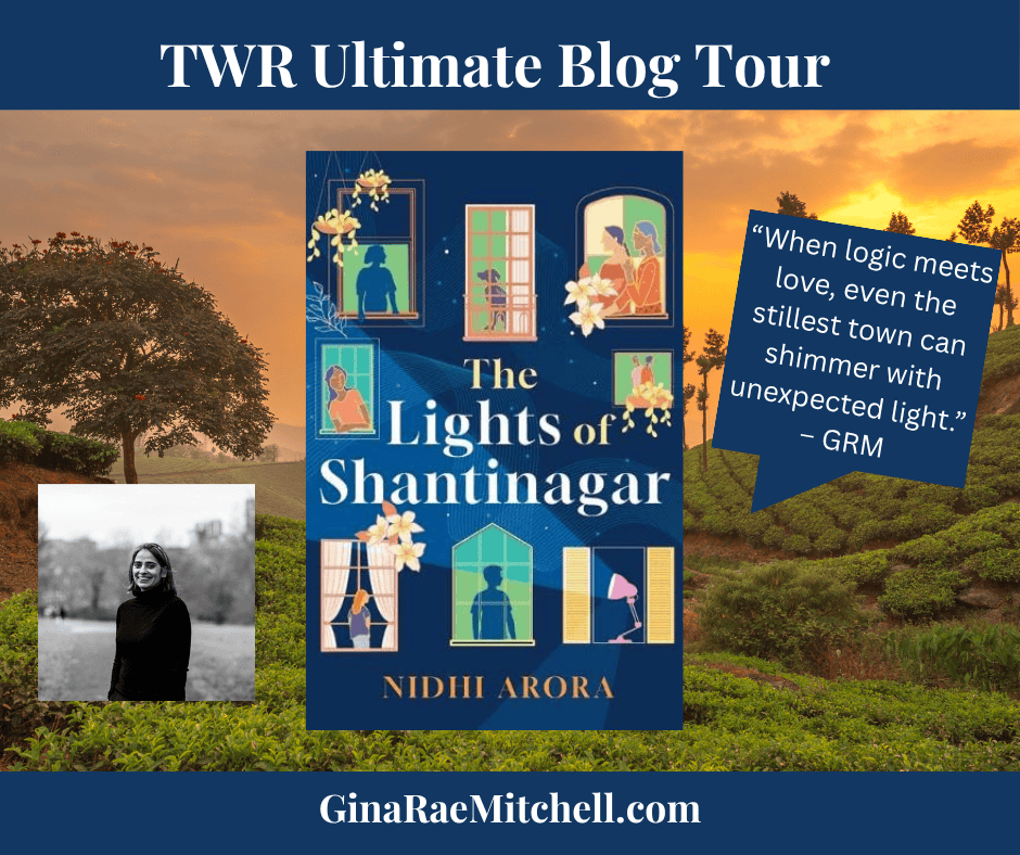 The Lights of Shantinagar by Nidhi Arora | A Thoughtful Family Saga with a Scientific Lens 2 Graphic for The Lights of Shantinagar by Nidhi Arora. The background features a grassy wooded landscape with a soft blue overlay. A pull quote reads: