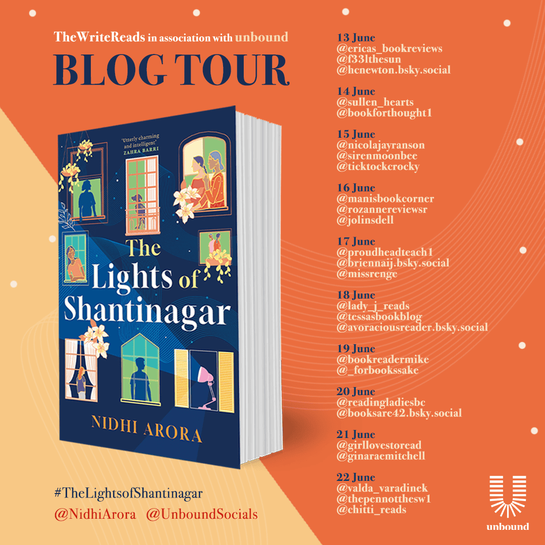 The Lights of Shantinagar by Nidhi Arora | A Thoughtful Family Saga with a Scientific Lens 1 Tour banner for The Lights of Shantinagar by Nidhi Arora - a 3D book cover on an orange background with tour dates.