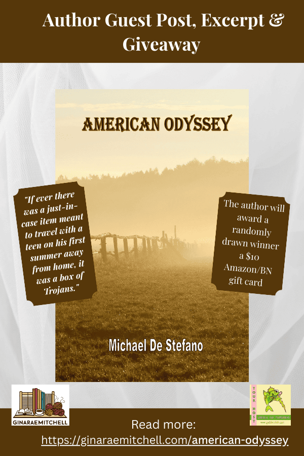 Tall Pinterest image for American Odyssey by Michael De Stefano. Includes a warm-toned book cover with misty farmland, humorous coming-of-age quote about Trojans, and a note about a $10 Amazon/BN gift card giveaway. Highlights an author guest post and excerpt on ginaraemitchell.com.