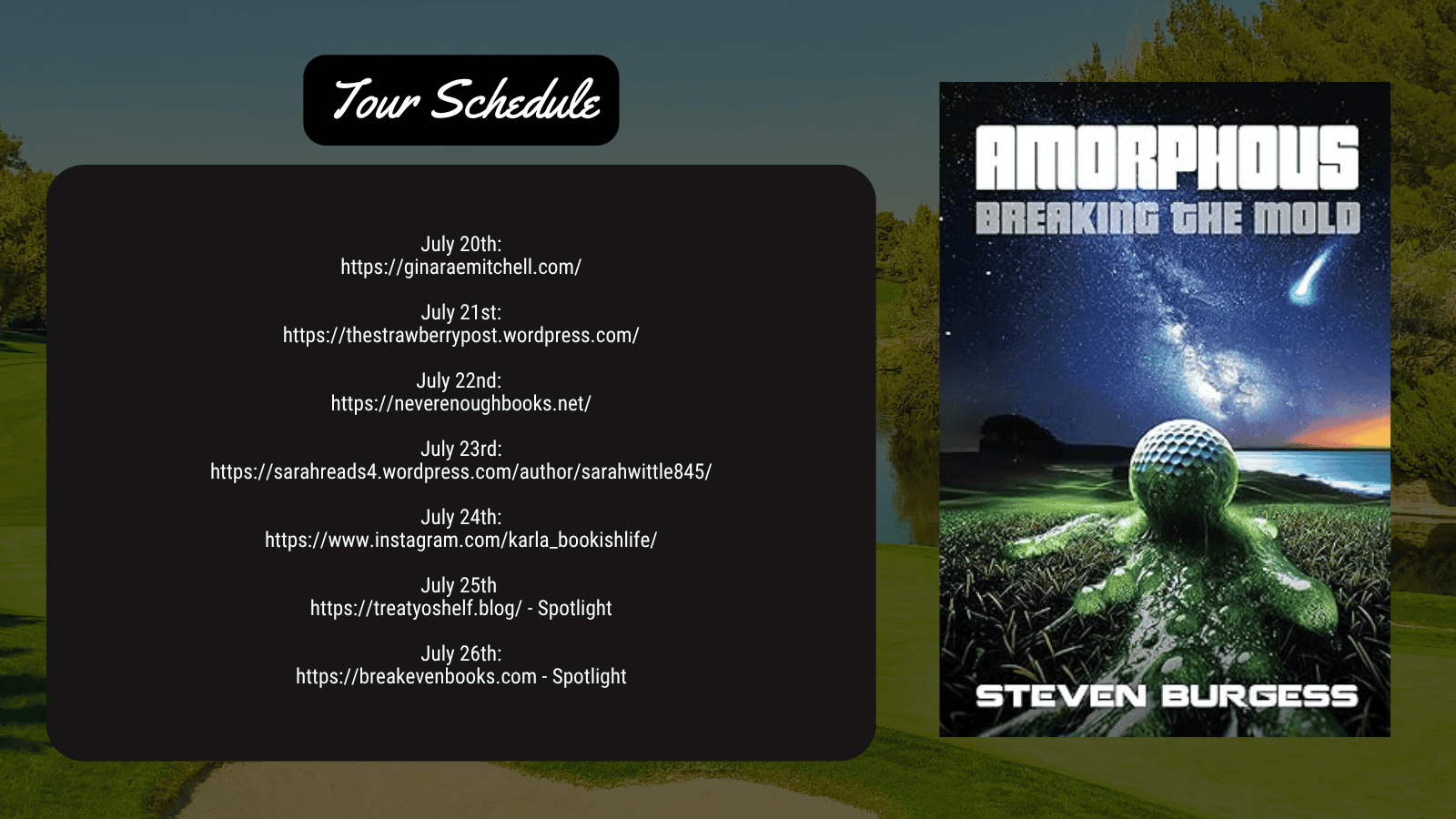 BreakEven Book Tours banner graphic listing the tour stops for this book