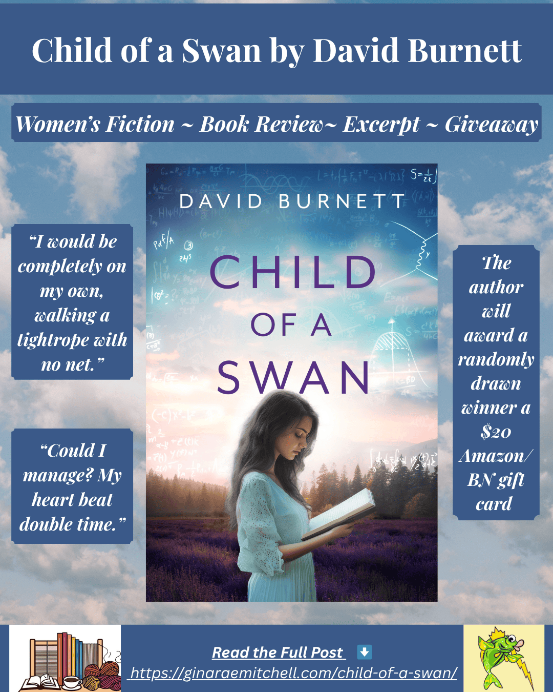 Instagram square banner promoting “Child of a Swan” by David Burnett. Showcases the book cover with text banners for Women’s Fiction, Review, Excerpt, and Giveaway. Includes quotes: “I would be completely on my own...” and giveaway details for a $20 Amazon/BN gift card.