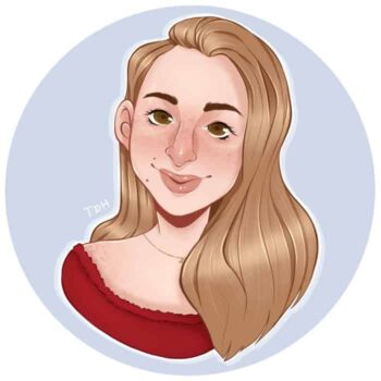 Illustrated cartoon-style portrait of author Jenna Adams. She has long, light brown hair, golden-brown eyes, and freckles across her cheeks. She wears a red off-the-shoulder top and a simple gold necklace. The background is a soft blue circle, and the artist’s initials “TDH” are subtly included on the left side.