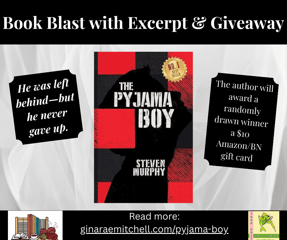 The Pyjama Boy by Steven Murphy | Memoir of Resilience & Survival 8 Promotional graphic for The Pyjama Boy by Steven Murphy. Centered is the book cover showing a silhouette against a bold red and black background. Left side text reads,
