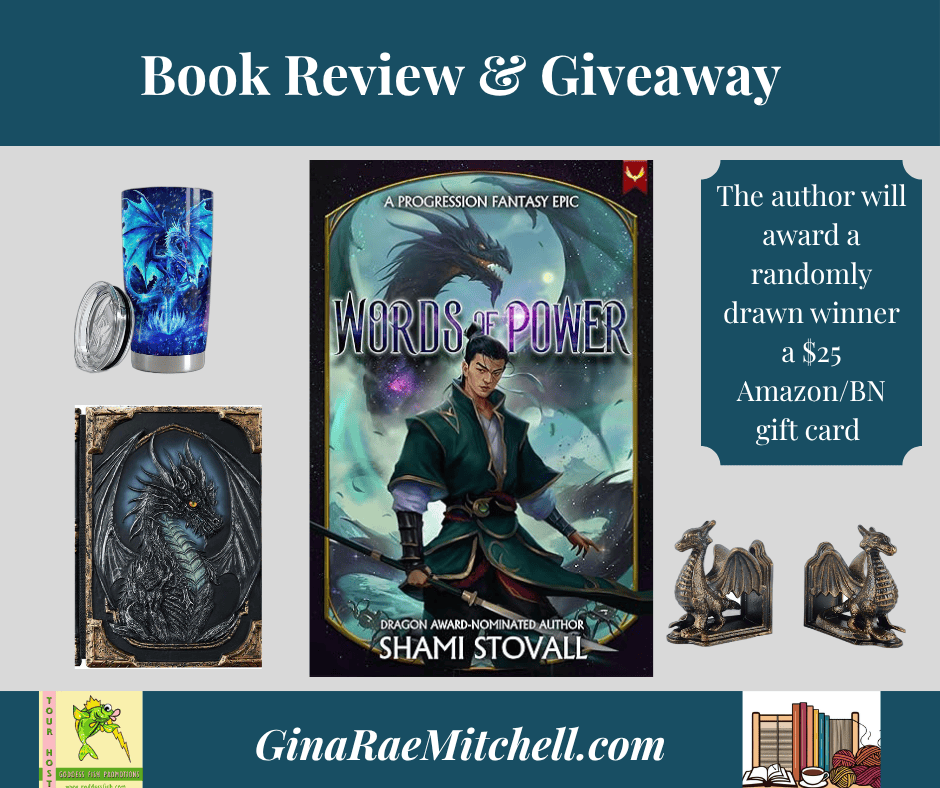 Words of Power by Shami Stovall – A Fierce Fantasy with Heart + Giveaway 16 graphic for Words of Power by Shami Stovall. Features a fantasy-themed quote, book cover, and items like a dragon mug and spellbook journal.