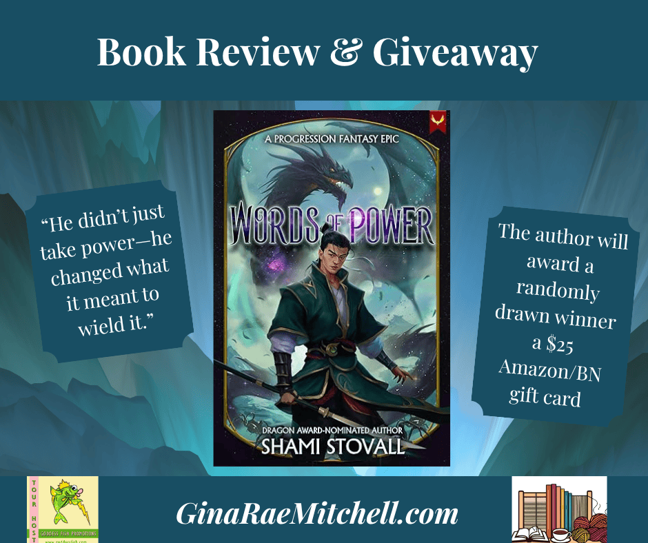 Words of Power by Shami Stovall – A Fierce Fantasy with Heart + Giveaway 11 Blog tour banner for “Words of Power” by Shami Stovall. A fantasy book cover featuring a glowing magical ring and a lone figure standing against a swirling blue-green background. Text overlay reads: “He didn’t just take power—he changed what it meant to wield it.” Book cover for Words of Power, a fantasy novel by Shami Stovall featuring a dragon and underdog hero.