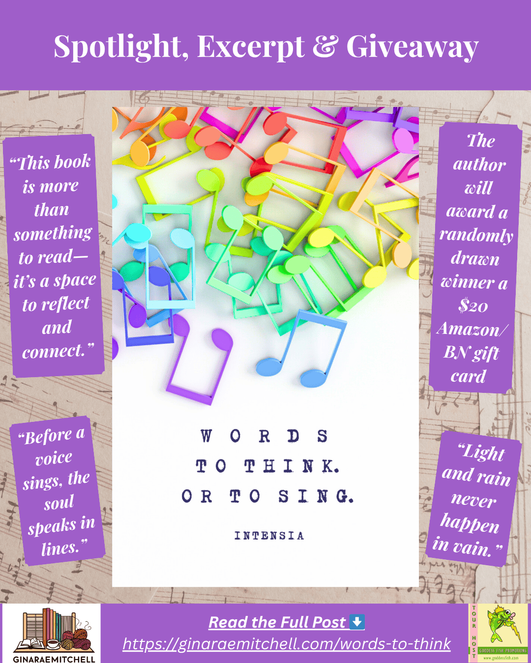 “Instagram spotlight image for Words to Think. Or to Sing. by Intensia – Includes colorful floating musical notes, author quote boxes, and text about a $20 Amazon giveaway. Purple header and footer with post link and Gina Rae Mitchell branding.”