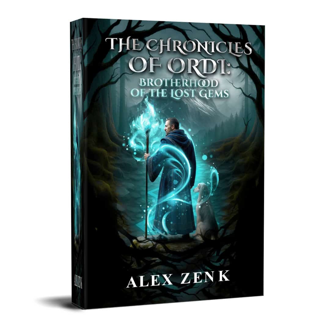 3D render of “The Chronicles of Ordi” by Alex Zenk. Shows the fantasy cover art wrapped around a standing book design.