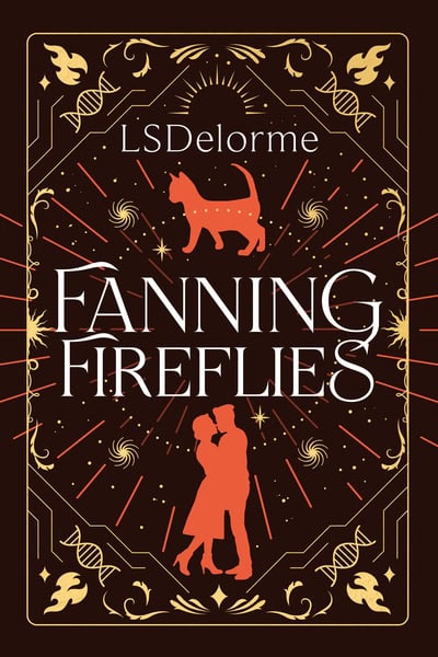 Book cover of Fanning Fireflies by LS Delorme. Features an ornate art deco design in gold and orange on a dark brown background. Silhouettes of a cat and a couple embracing are centered, surrounded by swirling firefly-like patterns and vintage embellishments.