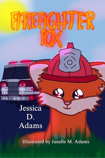 Bookcover with a sad eyed little red fox wearing a firman's hat with emergency vehicles behind him.