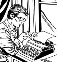 Black-and-white drawing of a man typing at a typewriter, used as an author profile image for Chevron Ross in the review of Weapons of Remorse. 