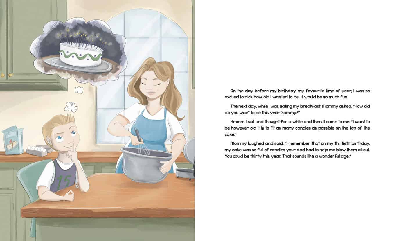 How Old Should I Be This Year by J.C. Walker | Picture Book Review & Giveaway 18 Illustrated excerpt from “How Old Should I Be This Year?” by J.C. Walker. Sammy sits at the kitchen table dreaming of a birthday cake with many candles, while his mother stirs batter in a large bowl.
