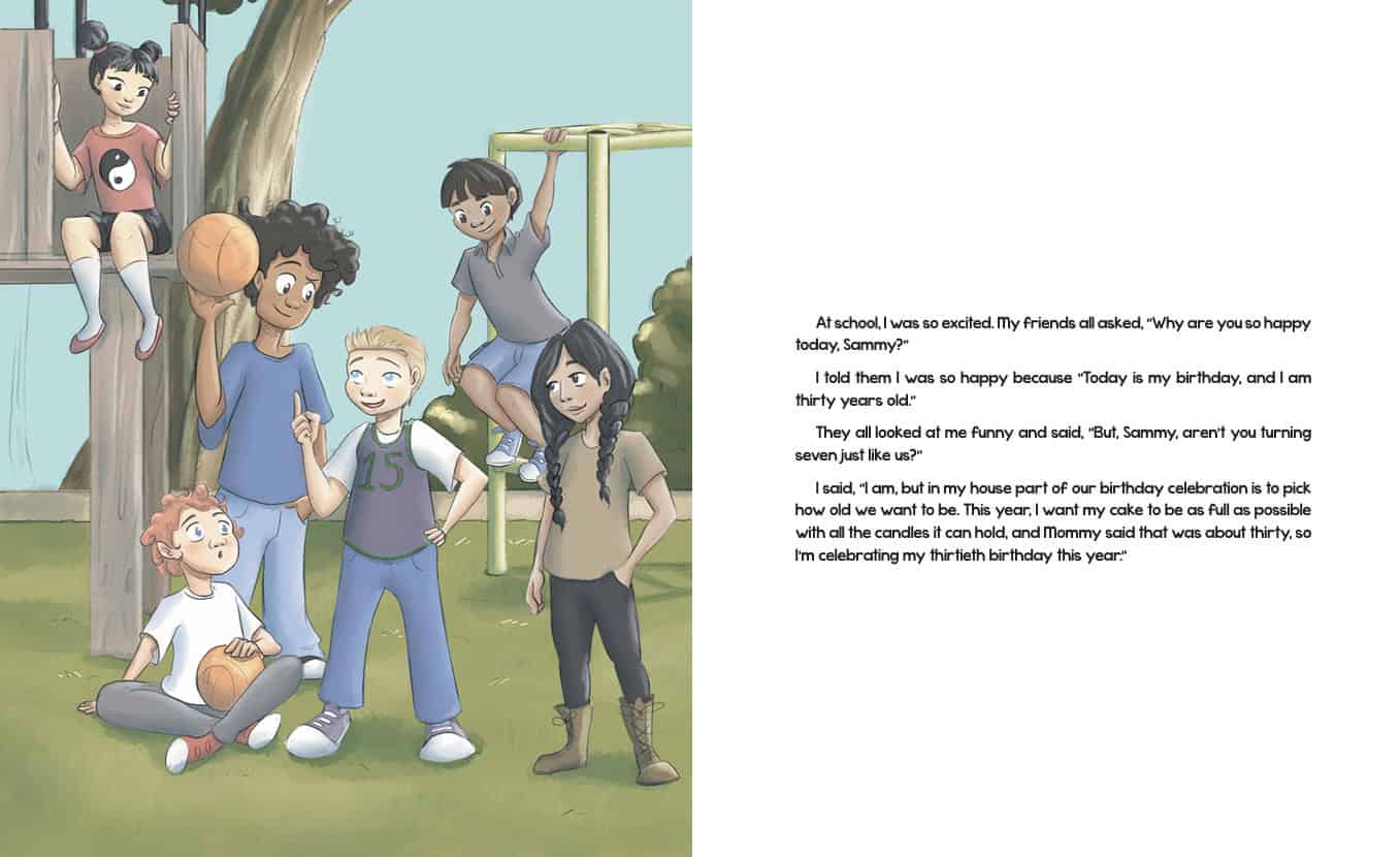 How Old Should I Be This Year by J.C. Walker | Picture Book Review & Giveaway 19 Illustrated excerpt from “How Old Should I Be This Year?” by J.C. Walker. Shows Sammy happily telling his friends at school that he is thirty this year, while children play on the playground around him.