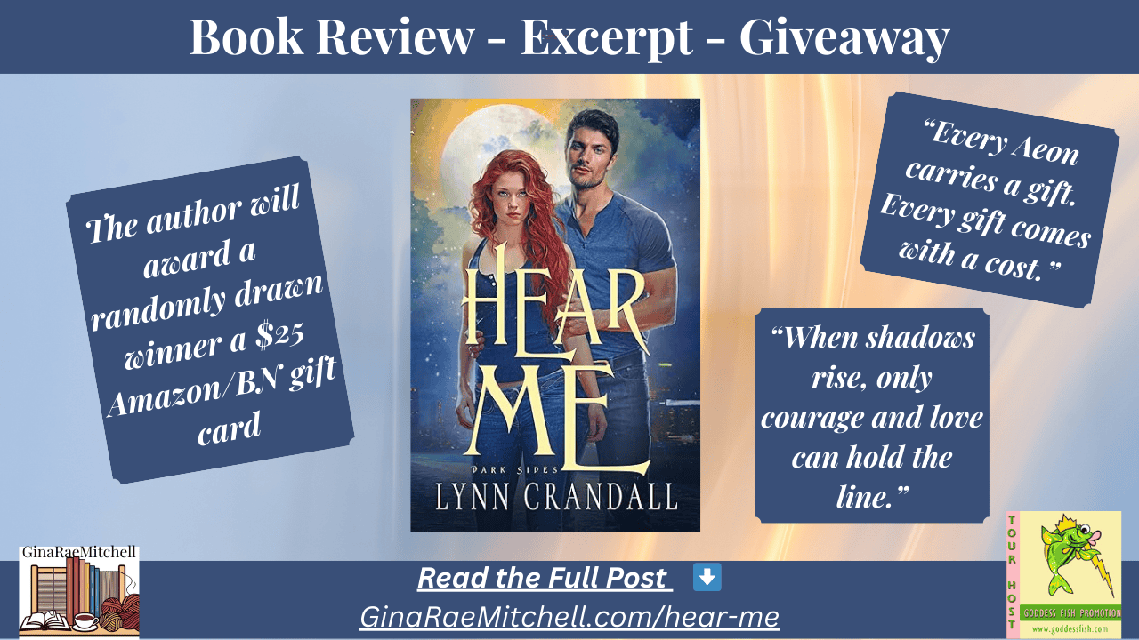 Wide banner for the book “Hear Me” by Lynn Crandall, showing the cover, promotional text, giveaway info, and pull quotes for use on blogs or websites.