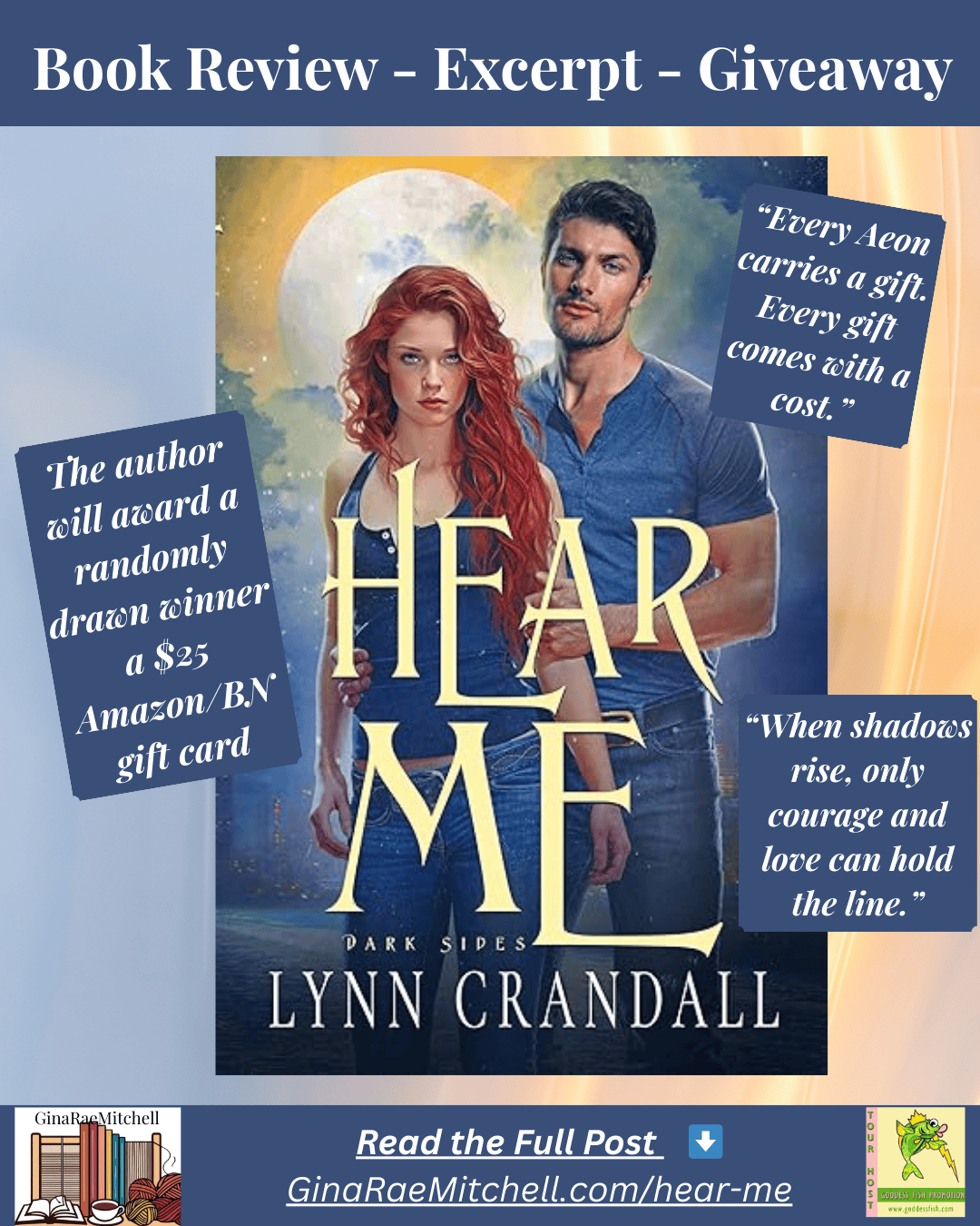 Instagram promotional graphic for “Hear Me” by Lynn Crandall. Includes book cover, giveaway announcement, and quotes about the Aeons’ fight against darkness.