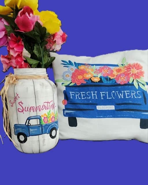 Blue truck pickle jar-pillow set with blue background