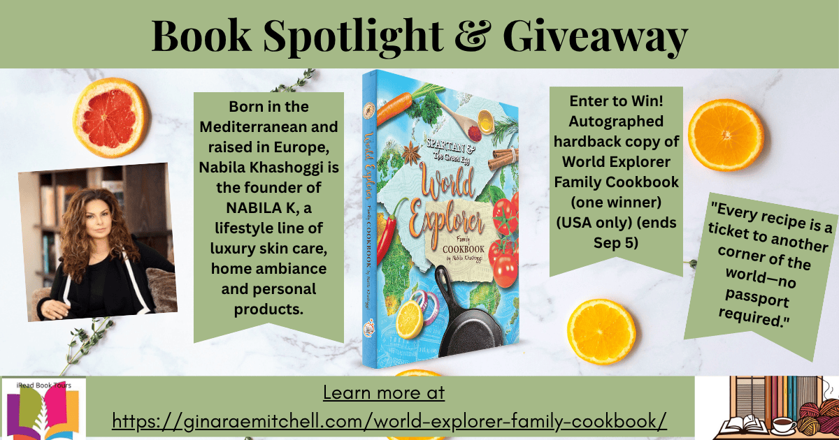 Blog banner for World Explorer Family Cookbook spotlight and giveaway – author photo, 3D book cover, pull quote, and giveaway details on marble background with citrus slices. Hosted by GinaRaeMitchell + iReadBookTours