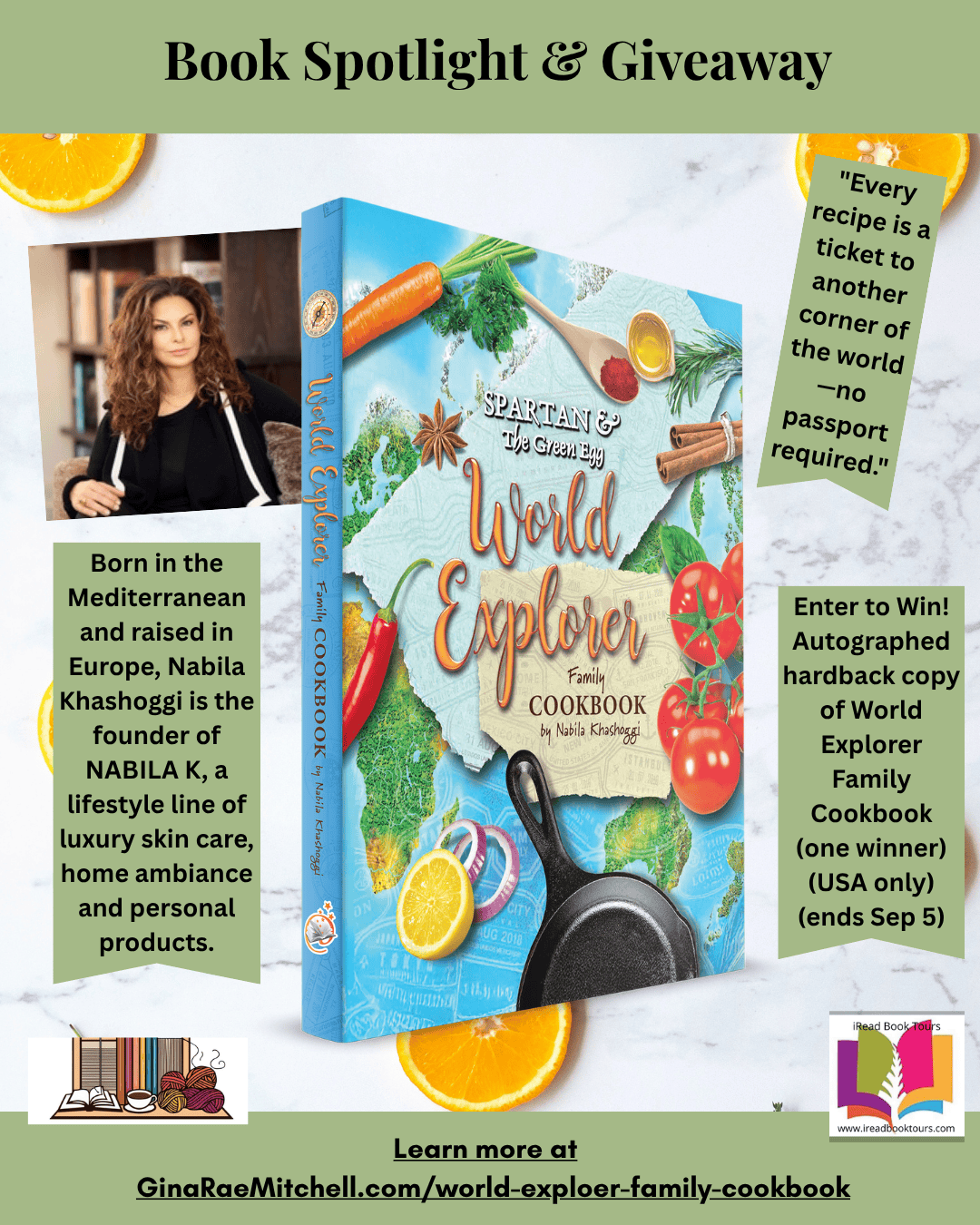 Instagram spotlight graphic for World Explorer Family Cookbook by Nabila Khashoggi – author photo, book cover, giveaway details, and quote “Every recipe is a ticket to another corner of the world—no passport required.” Global family recipes.