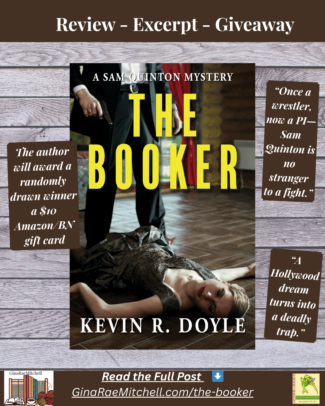 Instagram square graphic for “The Booker” by Kevin R. Doyle. Showcases the mystery book cover with overlay text for review, excerpt, and giveaway. Includes pull quotes and blog link to GinaRaeMitchell.com/the-booker.
